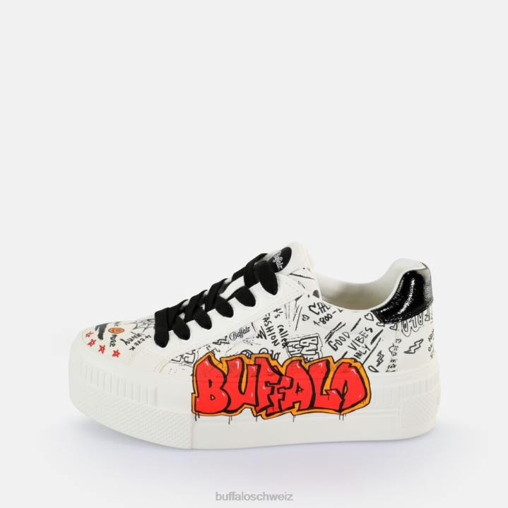 Buffalo gepaarte Graffiti-Sneakers niedrig vegan 846Z34 weiß schwarz|Turnschuhe