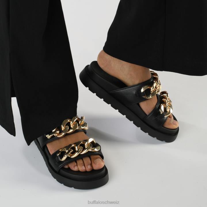 Buffalo Eve Loop Plateau-Slide vegan 846Z833 schwarzes Gold|Folien