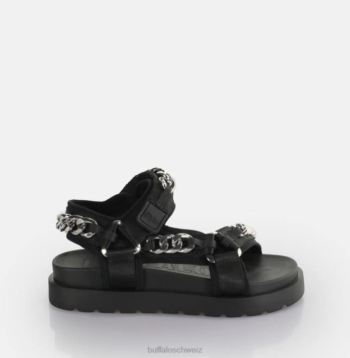 Buffalo Eve Track C Plateaurutsche vegan 846Z384 schwarzes Silber|Sandalen