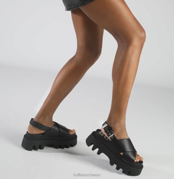 Buffalo Flora Cross-Plateau-Sandalen vegan 846Z164 Schwarz|Sandalen