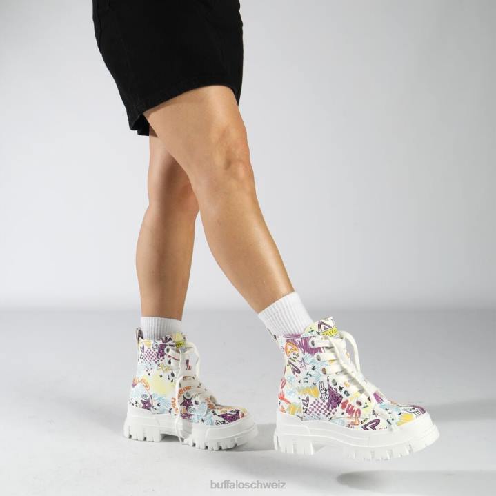 Buffalo Aspha Schnür-Hi-Stiefelette vegan 846Z375 weißes Graffiti|Stiefel